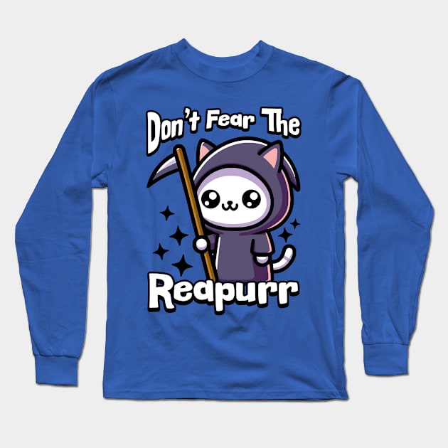 Don't Fear The Reapurr! Cute Cat Grim Reaper Pun Long Sleeve T-Shirt by Cute And Punny